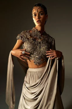 Agunj Gunmetal Floral Applique Draped Lehenga Set 9 Agunj Gunmetal Floral Applique Draped Lehenga Set -Cheap Wovencia Store 7723aj3 4