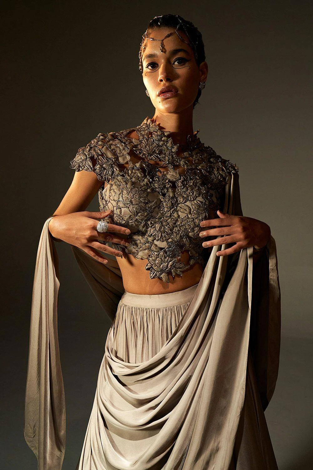 Agunj Gunmetal Floral Applique Draped Lehenga Set 4 Agunj Gunmetal Floral Applique Draped Lehenga Set - Image 4