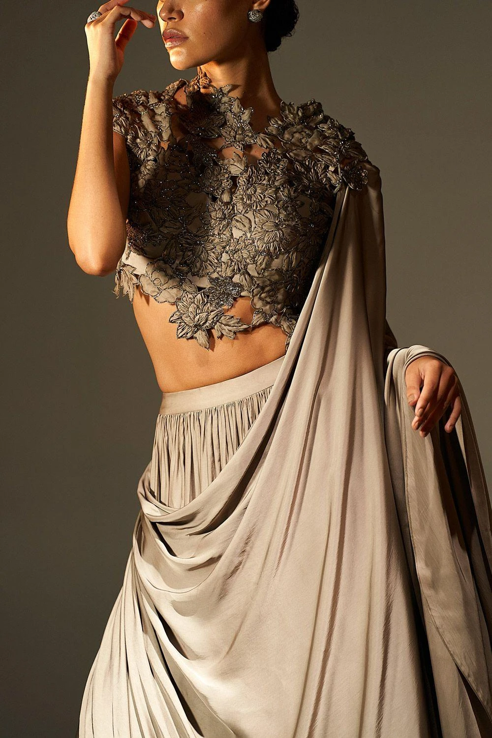 Agunj Gunmetal Floral Applique Draped Lehenga Set 5 Agunj Gunmetal Floral Applique Draped Lehenga Set - Image 5