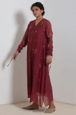 Merlot Embroidered Chanderi Dress With Slip -Cheap Wovencia Store 911inte16 3
