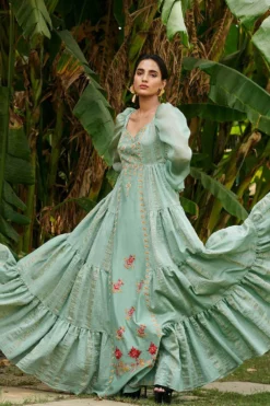 Chandrima Jade Striped Tiered Maxi Dress