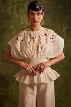 Chandrima Ivory Cutwork Drop Shoulder Smocked Wasit Top