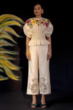 Chandrima Ivory Chanderi Applique Pants