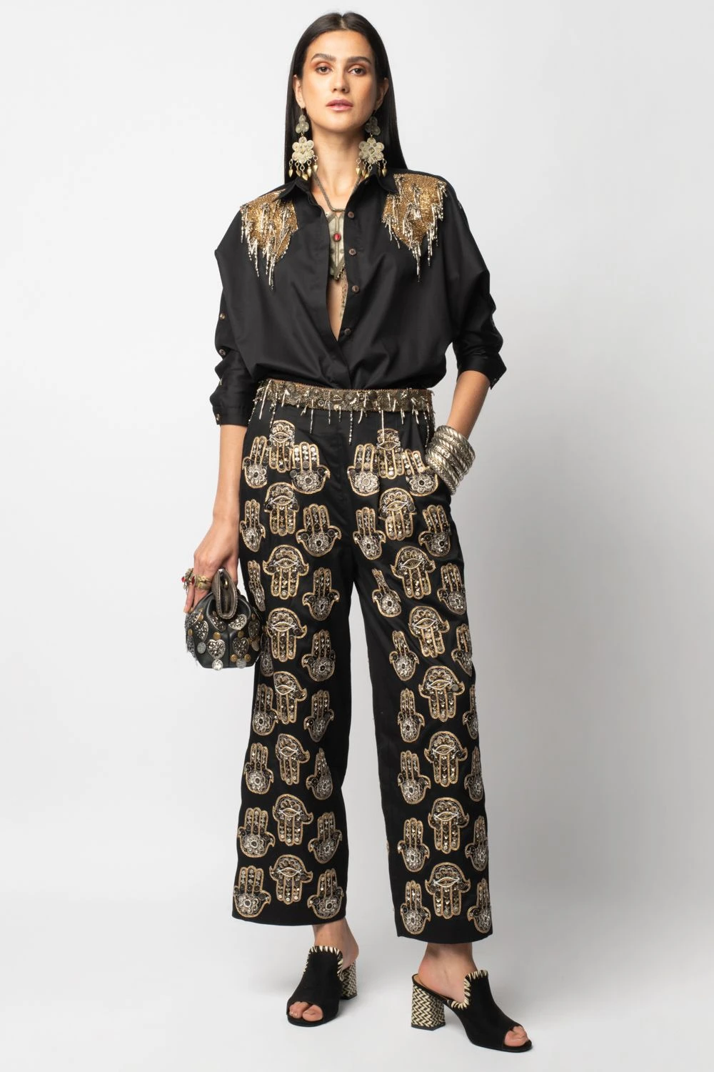 Heirloom By Rara Avis Hamsa Embroidered Black Trousers 1 Heirloom By Rara Avis Hamsa Embroidered Black Trousers