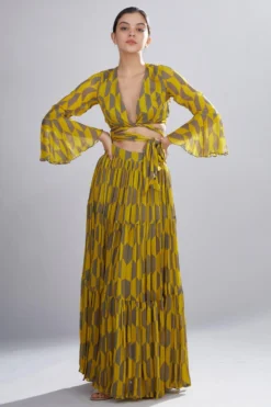 KoAi Chiffon Geometric Tie Up Top