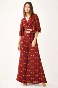 KoAi Maroon Printed Chiffon Wrap Top