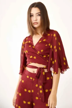 KoAi Maroon Printed Chiffon Wrap Top -Cheap Wovencia Store kofw21012 3