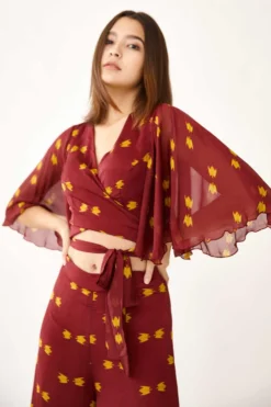 KoAi Maroon Printed Chiffon Wrap Top -Cheap Wovencia Store kofw21012 4
