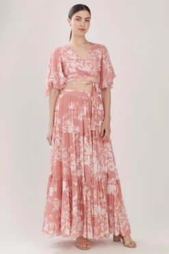 KoAi Pink & White Floral Flared Skirt