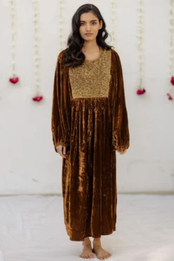 Mimamsaa Mustard Hand Embroidered Velvet Kaftan Dress