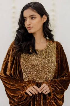 Mimamsaa Mustard Hand Embroidered Velvet Kaftan Dress -Cheap Wovencia Store mimrj001 3