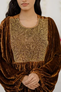 Mimamsaa Mustard Hand Embroidered Velvet Kaftan Dress -Cheap Wovencia Store mimrj001 4