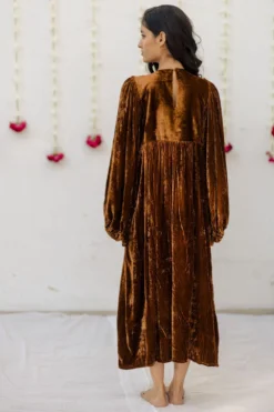 Mimamsaa Mustard Hand Embroidered Velvet Kaftan Dress -Cheap Wovencia Store mimrj001 5