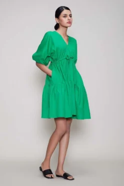 Mati Green Short Dress With Puff Sleeves