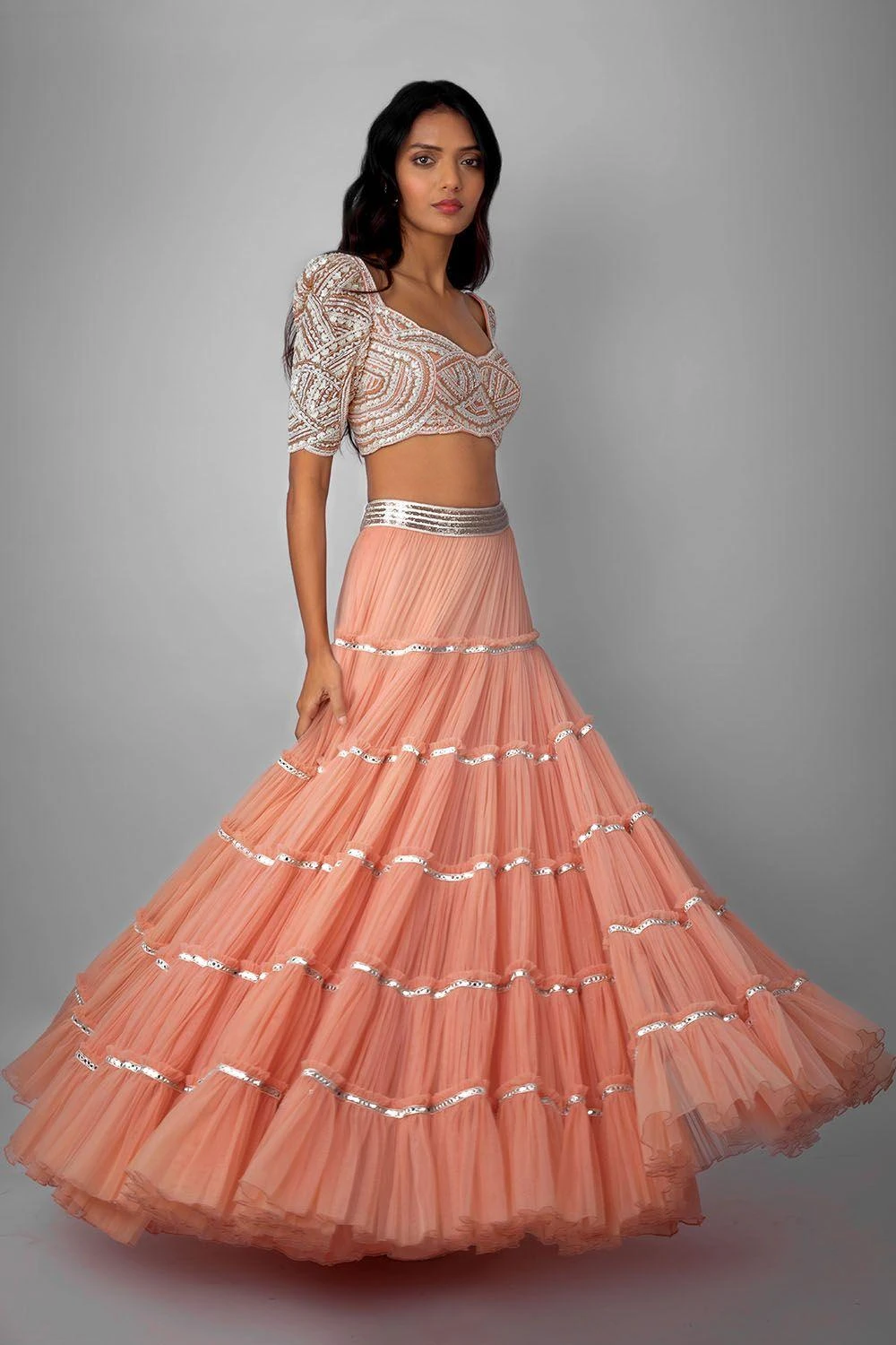 Ritika Mirchandani Peach Ruffle Tiered Lehenga Set 1 Ritika Mirchandani Peach Ruffle Tiered Lehenga Set