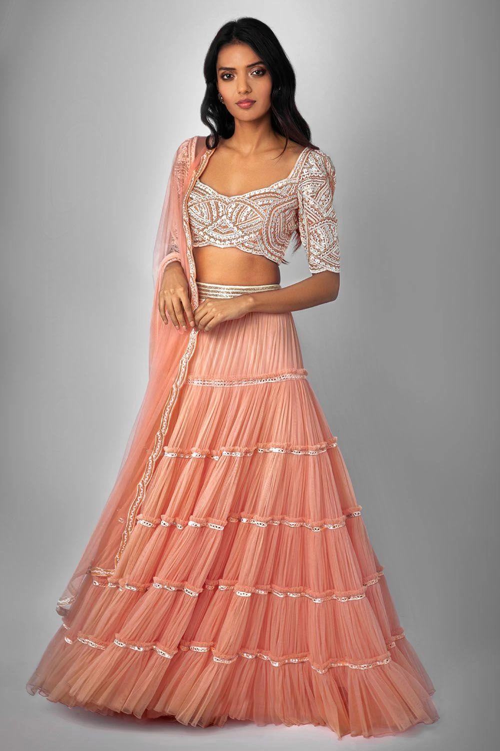 Ritika Mirchandani Peach Ruffle Tiered Lehenga Set 2 Ritika Mirchandani Peach Ruffle Tiered Lehenga Set - Image 2