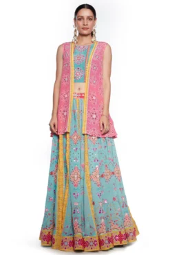 Siddhartha Bansal Sky Blue & Pink Floral Lehenga Jacket Set