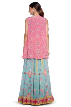 Siddhartha Bansal Sky Blue & Pink Floral Lehenga Jacket Set -Cheap Wovencia Store sb odsy 098 4