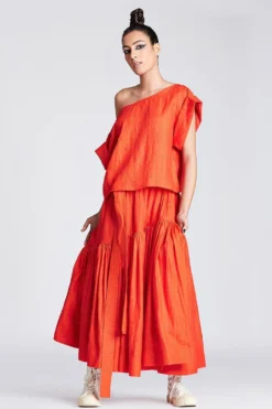 Chola Orange Linen Diagonal Frill Skirt