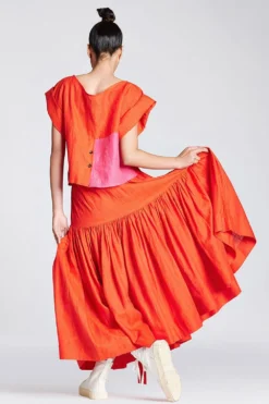 Chola Orange Linen Diagonal Frill Skirt -Cheap Wovencia Store sk0043l 3 1