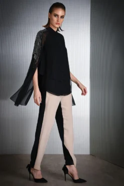 Rohit Gandhi + Rahul Khanna Black Sequined Top With Cape Sleeves