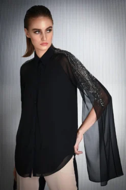 Rohit Gandhi + Rahul Khanna Black Sequined Top With Cape Sleeves -Cheap Wovencia Store tp35048vk b 3