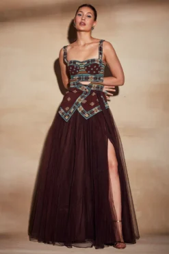 Nikita Mhaisalkar Chocolate Brown Embellished Tube With Tulle Skirt