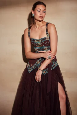 Nikita Mhaisalkar Chocolate Brown Embellished Tube With Tulle Skirt -Cheap Wovencia Store tt sf22 032 3