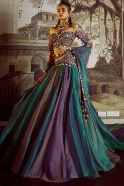 Tarun Tahiliani Teal Silk Organza Draped Lehenga Set