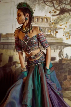 Tarun Tahiliani Teal Silk Organza Draped Lehenga Set -Cheap Wovencia Store tteoss01 3