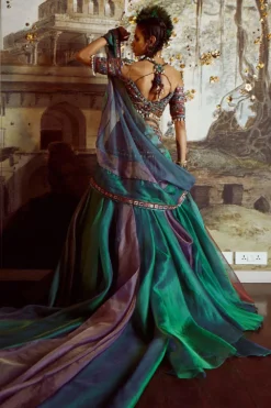 Tarun Tahiliani Teal Silk Organza Draped Lehenga Set -Cheap Wovencia Store tteoss01 4