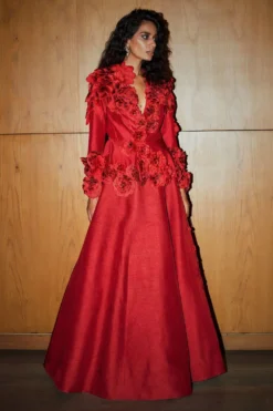 Varun Bahl Ruby Red Applique Peplum Top & Skirt Set -Cheap Wovencia Store vb1509 08 3